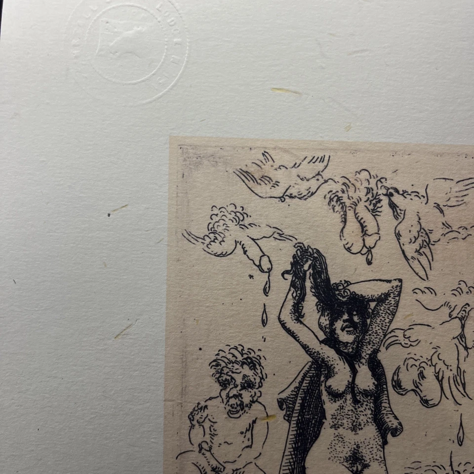 Erotic Holzschnitt 1934 „Priabs al Palo di sacrifizia“ auf Papier de Paille wank - Bild 2 von 2