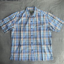 Eddie Bauer Men  s Medium Plaid Short Sleeve Button Down Shirt Blue Orange