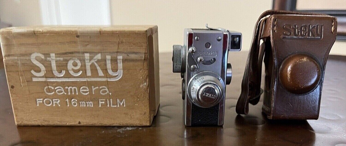 Steky Model II 16mm Pocket Size Camera: camera, leather case