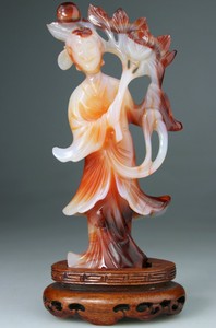 ANTIQUE CHINESE STATUE FIGURE KWANYIN LADY AGATE CARNELIAN CARVED - QING 19TH