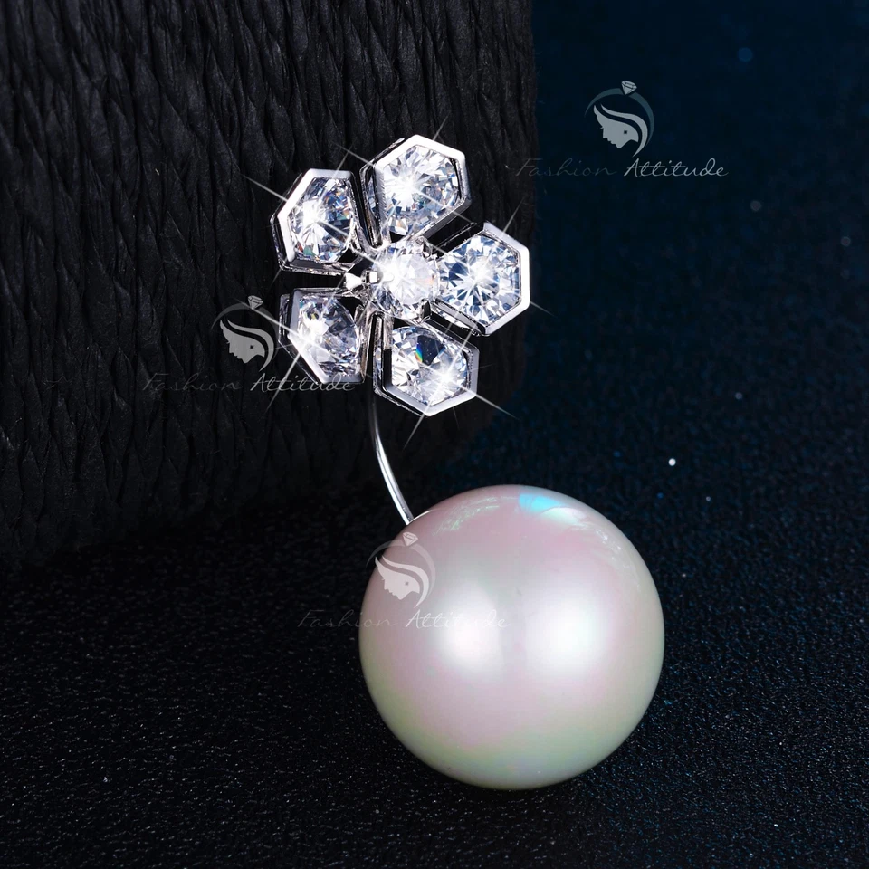 18K WHITE GOLD GP MADE WITH SWAROVSKI CZ CRYSTAL FLOWER PEARL SAFETY PIN BROOCH Foto 2 de 4