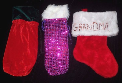 3 pc CHRISTMAS LOT GRANDMA PLUSH RED STOCKING 2 BOTTLE GIFT BAGS PURPLE SEQUINS 