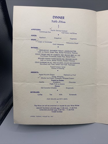 Pair August 1961 Canadian Pacific Hotel Railroad Menus-Banff Springs/Lake Louise - Picture 13 of 14