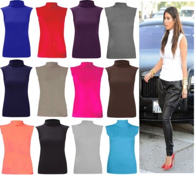 POLO NECK TOP SLEEVELESS WOMEN ROLL NECK TURTLE NECK PLAIN TOP 8-26 - Image 1 of 4
