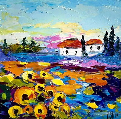Original oil painting Tuscany Sunflowers field Landscape Artwork Signed 6x6 inch