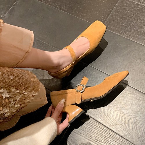 French Women's Spring Summer Sheepskin Suede Mary Jane Fashion Square Toe Shoes - Picture 11 of 27