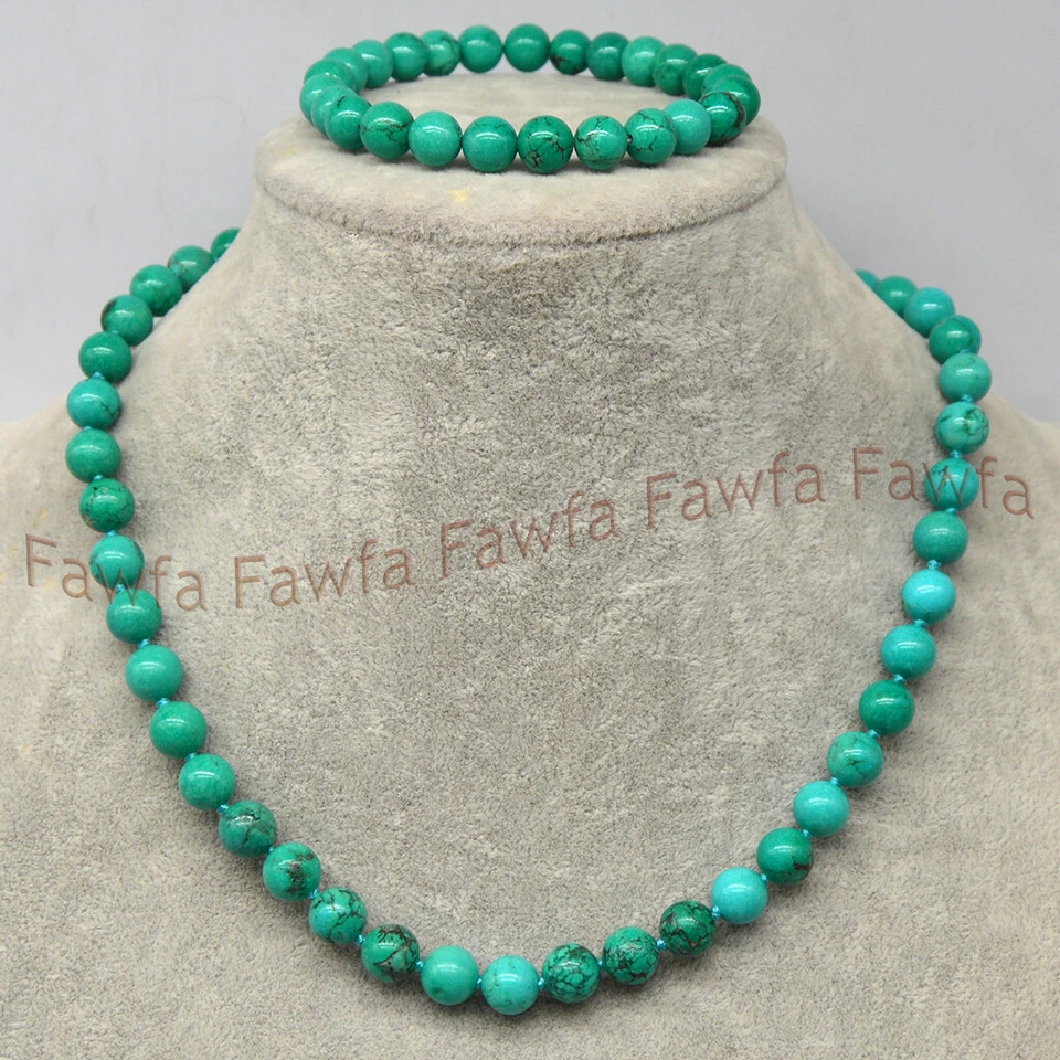 Juego de pulsera collar de cuentas de piedras preciosas redondas turquesa verde natural de 6/8/10 mm de 18"" Foto 3 de 3