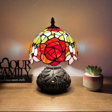 Tiffany Style Mini Table Lamp Stained Glass Rose Flowers 8"W 8"D 12"H