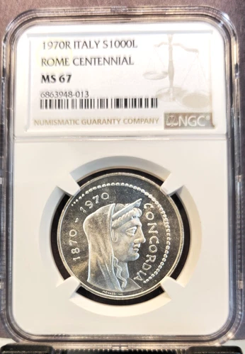 1970 ITALY SILVER 1000 LIRE S1000L ROME CENTENNIAL NGC MS 67 BEAUTIFUL GEM BU