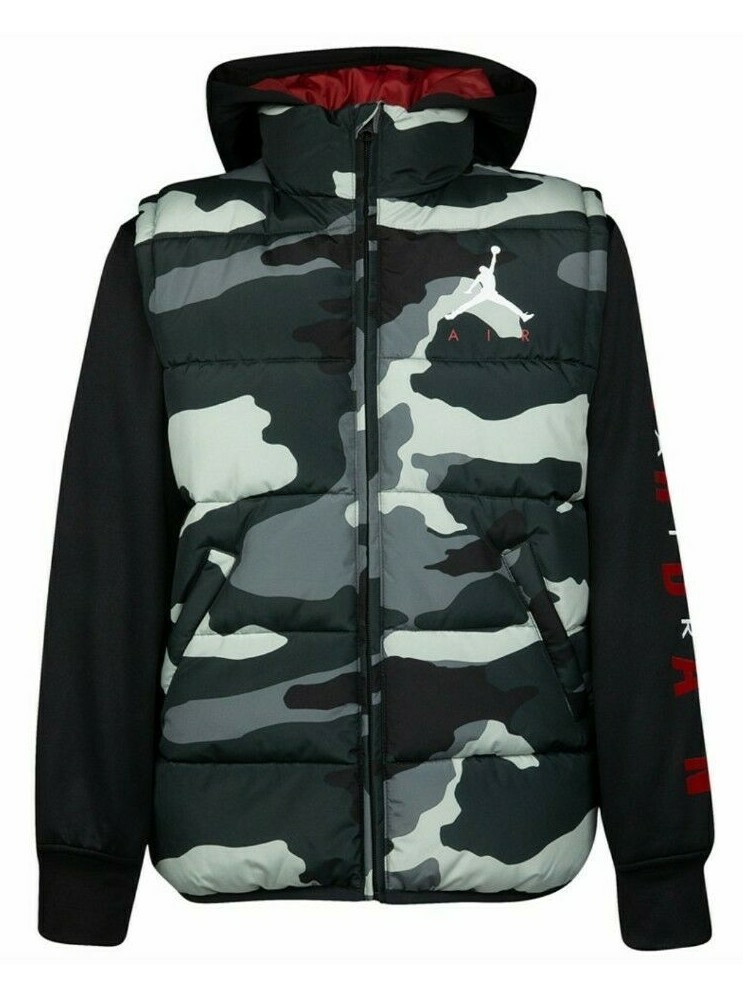 Jordan Boys Black Camo Hybrid Hooded Full Zip Vest Jacket