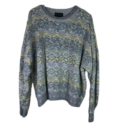 Vintage Conte Di Milano Mens XL Gray Blue Yellow Coogi Like Pullover Sweater