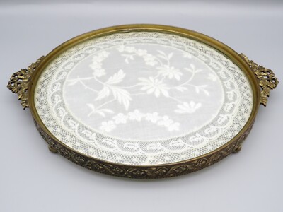 Antique E & J.B. Empire Art Gold Brass Ormolu Dresser Footed Tray w/ Lace Doily