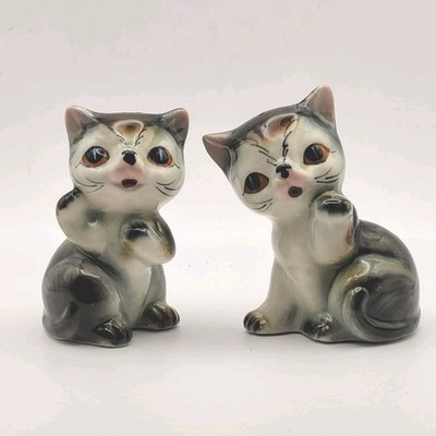 VTG Ceramic Black Gray & Brown  Tabby Cats Salt & Pepper Shakers     4''× 2.5''