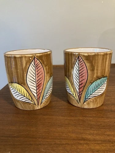 Vintage Hand Painted Leaf Leaves Floral Ceramic Coffee Mug Cup Italy Set Of 2