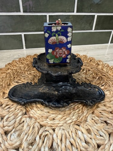 Antique Victorian Cast Iron Floral Cloisonné Match Box Safe Stand