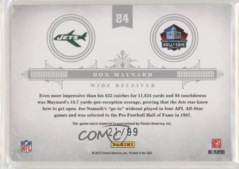 2011 Playoff National Treasures Emblems of the Hall Materials /99 Don Maynard - Image 2 of 2