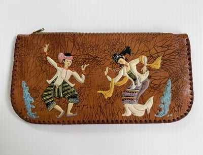 Vintage Hand Tooled Leather Burma Wallet With Traditional Dancing Figures