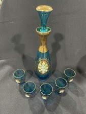 Tre Fuochi Venetian Murano Glass Blue W/ Gold Floral Decanter Set 5 Glasses