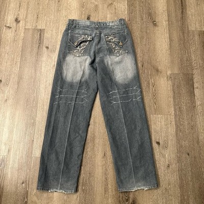 Vintage Y2K Old Skool Jeans Mens 34 Baggy Grunge Embroidered Flap Pocket Skate