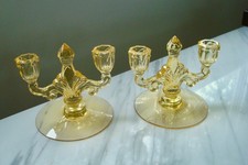 PAIR Vintage HEISEY Elegant GLASS SAHARA Yellow Trident Double CANDLE HOLDERS