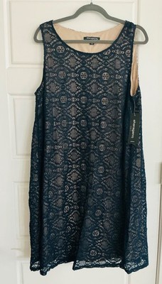 Sharagano Plus Size 16W Navy Nude Sleeveless Fit N Flare Pullover Lace Dress NWT