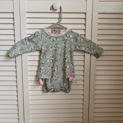 Ruffle Butts Tea Roses One-Piece Swimsuit in Sage Green and Pink 3/6M