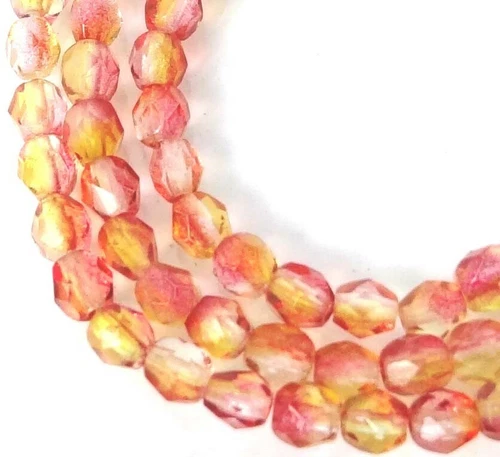50 Firepolish Czech Glass Faceted Round Beads - Dual Coated - Fuchsia Lemon 4mm