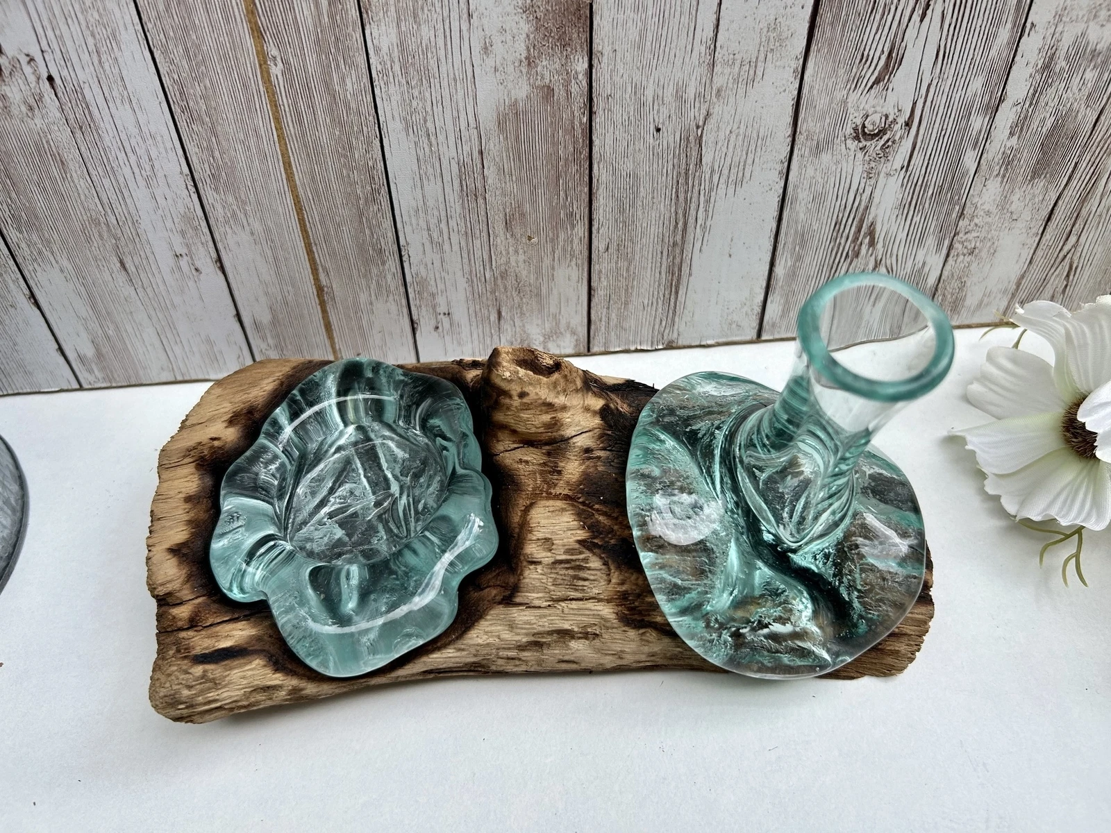 Molten Glass Bud Vase Driftwood Tealight Flower Holder Teak Root Rustic Ornament