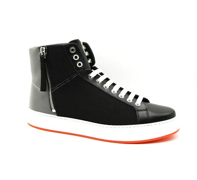 $595 MCM Men's Black Leather Silver Reflective Canvas Hi-top Sneaker MEX9ARA64BK