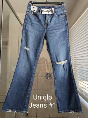 ルチア Women High Rise Slim Flare Jeans Ankle Distressed Raw Hem Uniqlo