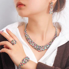 Silver Plated V Shape Necklace Set Women Colorful Cubic Zirconia Costume Jewelry