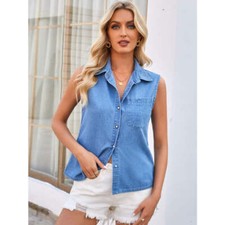 Pocketed Button Up Sleeveless Denim Top