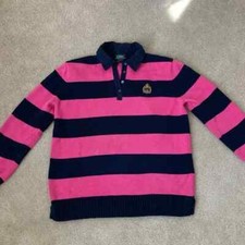 RALPH LAUREN Pink/Blue Rugby Crown Crested Striped SWEATER top Size MED