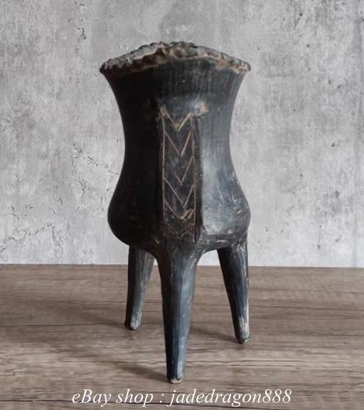 Taza de vino de cerámica negra antigua china neolítica cultura Majiayao de 8" de 3 patas Foto 2 de 4
