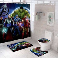 NEW Avengers 4PCS Bathroom Set Shower Curtain Non-Slip Bath Mat Toilet Lid Cover