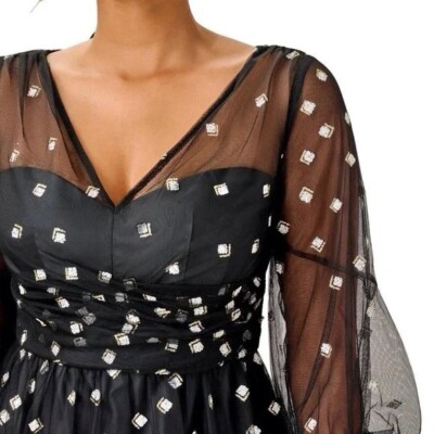 Adrianna Papell Womens Dress Size 6 Black Gold Glitter Tulle V Neck  Cocktail | eBay