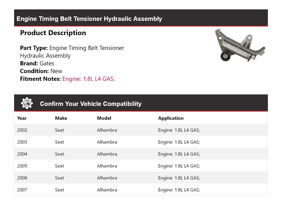 Tensor de correa de distribución de motor Seat Alhambra 2002-2007 puertas de montaje hidráulico Foto 2 de 4