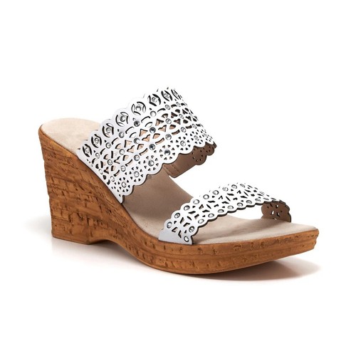 Onex Women's Cynthia Wedge Sandal – White Leather Slide With Crystal Embellishments, Size 8 M US