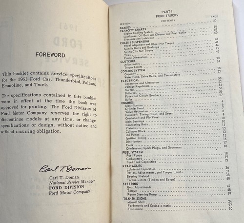 Vintage 1961 Ford Service Specifications Manual for Thunderbird, Falcon, Truck - Picture 2 of 3