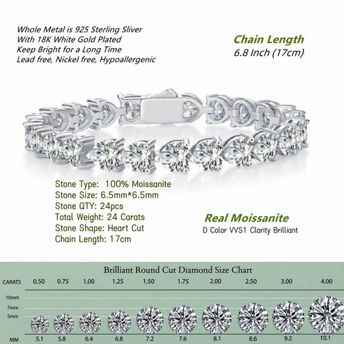 24CT VVS1 Heart Cut Moissanite Bracelet 14K White Gold Plated Pass Diamond Test - Picture 2 of 11