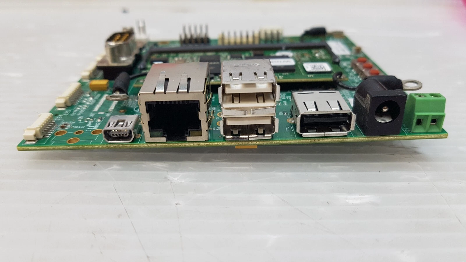 Edge of the HMI board with RJ45, USB ports, DC jack and green terminal block
