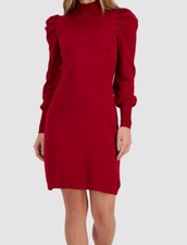 Taylor Women's Red Puff-Sleeve Mock Neck Pullover Mini Sweater Dress Size XS
