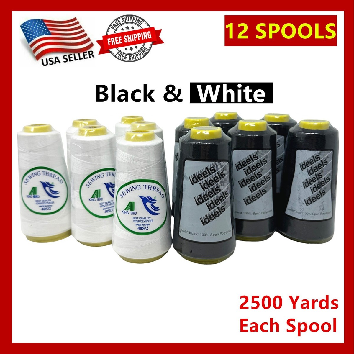 12 Big Spools Sewing Thread Polyester WHITE & BLACK 2500 Yards