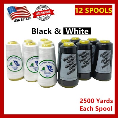 12 Big Spools Sewing Thread Polyester WHITE & BLACK  2500 Yards Each Spool NEW
