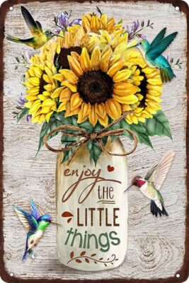 Enjoy the Little Things Sunflower Hummingbird Metal Tin Sign Vintage Poster Wall