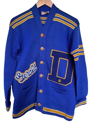 1950s Vtg De La Salle HS Blue Gold 100% Wool Small Cardigan 1950s Vtg De La Salle HS Blue Gold 100% Wool Small Cardigan
