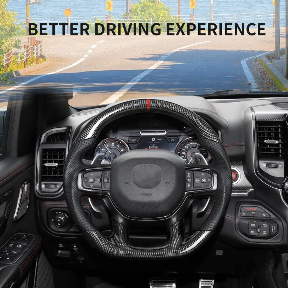 Volante deportivo de fibra de carbono para Dodge Ram 1500 2019-2024 con calefacción Foto 4 de 4