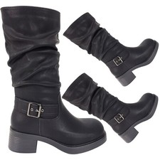 low heel knee boots womens ladies block zip calf shoes biker casual slouch size