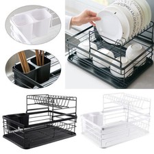 2 Tier Dish Drainer Rack W/ Drip Tray Cutlery Holder Plate Rack Kitchen Sink UK~