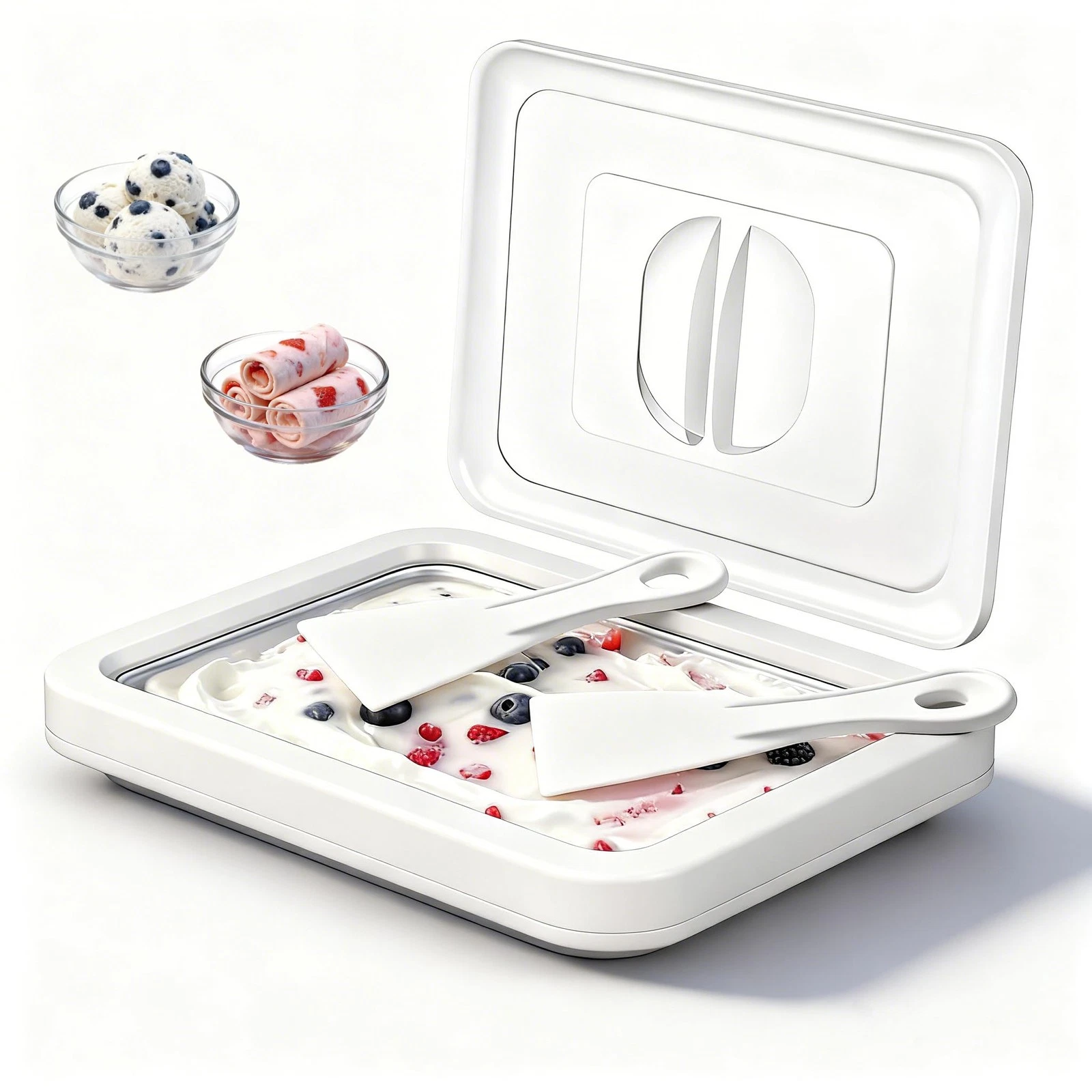 Rolled Ice Cream Maker with Lid, Instant Ice Cream Roller Tray with 2 Spatula...